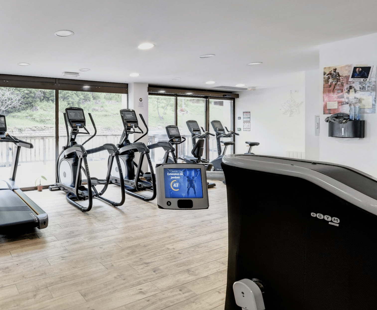 Salle de sport lumineuse avec tapis de course, vélos elliptiques et machines eGym. Fenêtres avec vue sur la nature. Affiche motivationnelle.