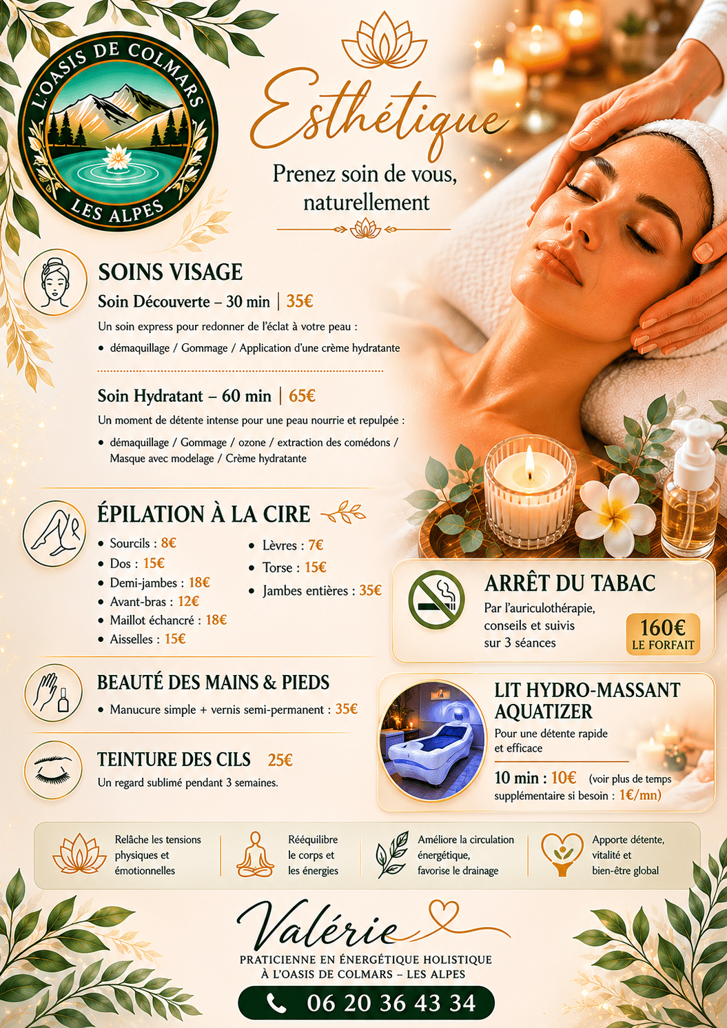 Soins Esthétiques et Bien-être – L’Oasis de Colmars Menu bien-être L'Oasis de Colmars : soins visage, épilation et lit Aquatizer par Valérie, praticienne énergétique.
